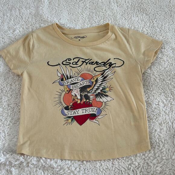 Ed Hardy Womens Baby Crop Top Logo Brave Hearts Tee Sz M Cotton Blend Grunge - Picture 1 of 6